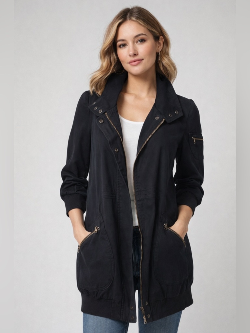 Tulle NWOT Navy Blue long utility jacket with floral lining 3/4 sleeve - small
